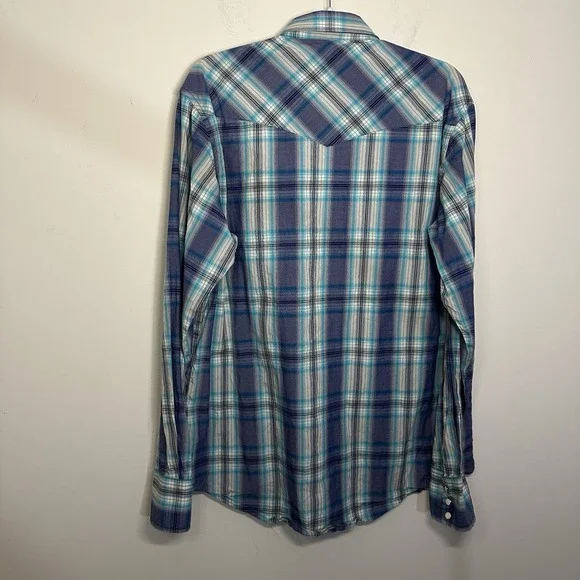 Tin‎ Haul Shirt Mens Large Turquoise Violet Plaid Pearl Snap Western Rockabilly - Picture 3 of 8